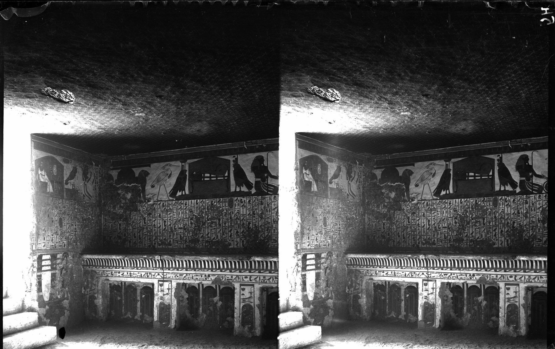 Archival black-and-white view of the tomb of Nefertari showing decorated walls from the early twentieth century photographic record.