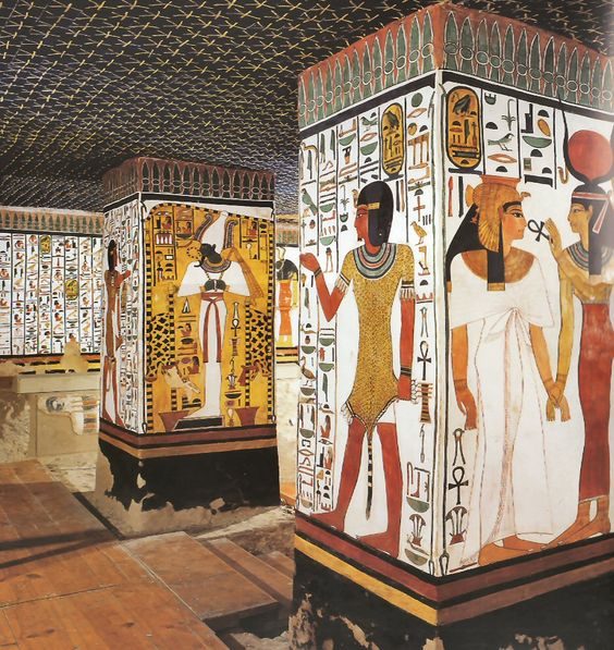 Real photograph from the tomb of Nefertari showing painted chambers and inscriptions, used to introduce the historical queen through surviving ancient imagery.