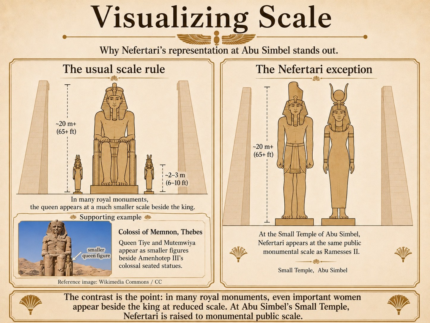 Infographic titled Visualizing Scale comparing the usual royal scale rule, where queens appear smaller beside a colossal king, with Nefertari’s equal monumental scale beside Ramesses II at the Small Temple of Abu Simbel.